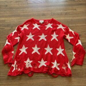 Wildfox White Label Red Star Distressed Oversized Knit Sweater Small